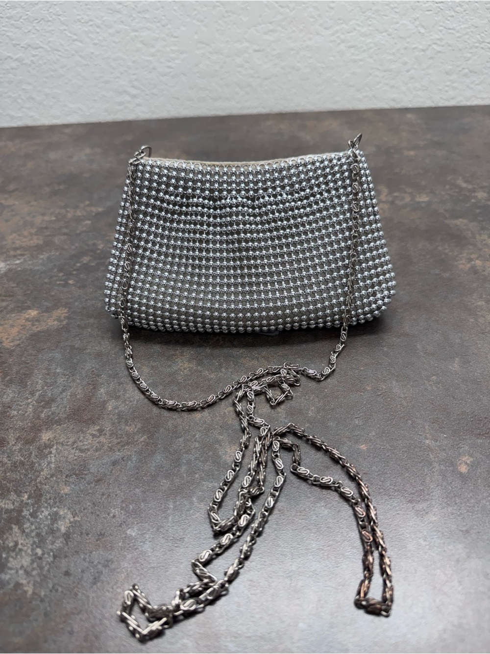 Silver Crystal Mesh Evening Bag with Chain Strap